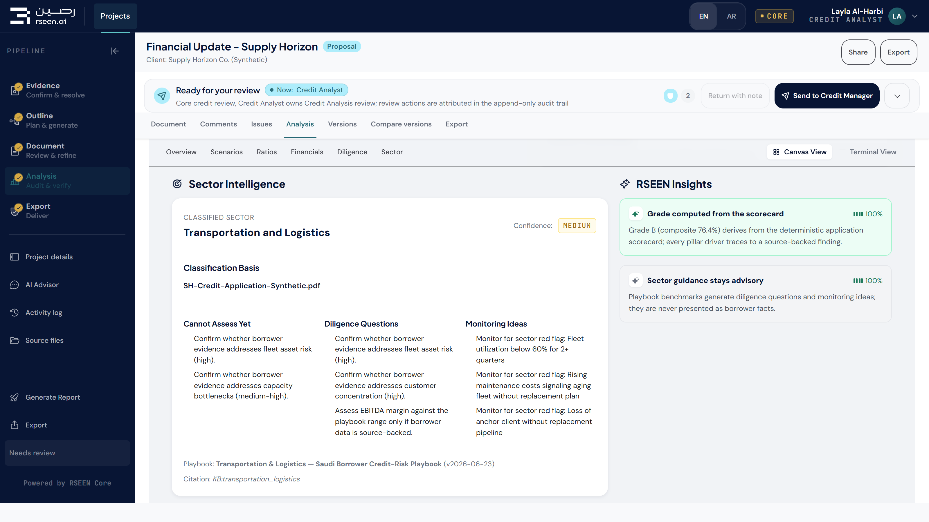 RSEEN Core interface · synthetic case — sector credit intelligence