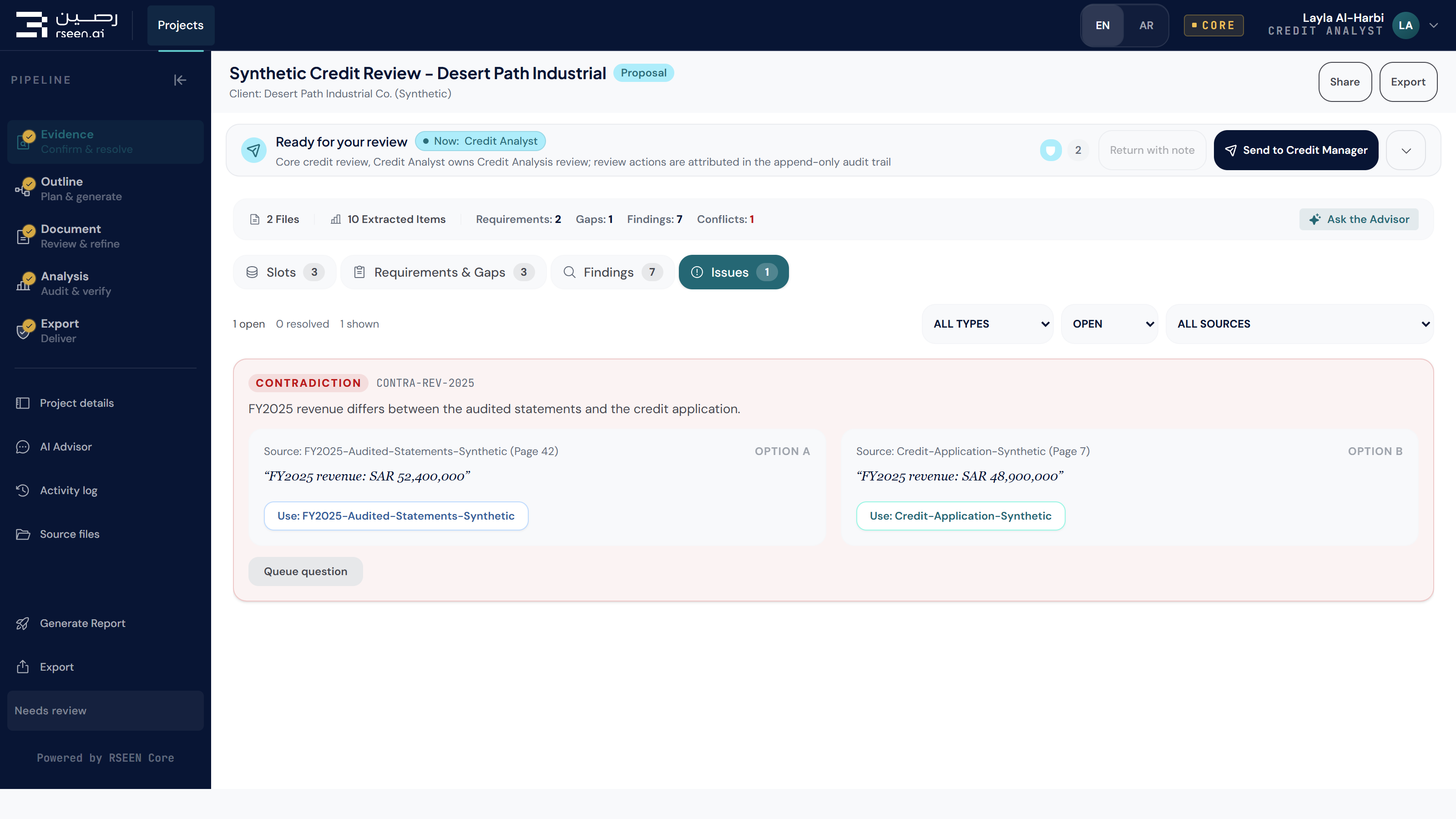 RSEEN Core interface · synthetic case — visible value conflict